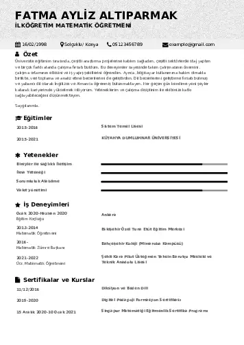 Matematik Öğretmeni Cv Örnekleri cv indir